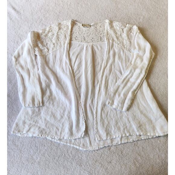 Bellambra Italy 100% Linen blouse Sz Small Open Front Shirt Lace Trim Shacket - Picture 9 of 10